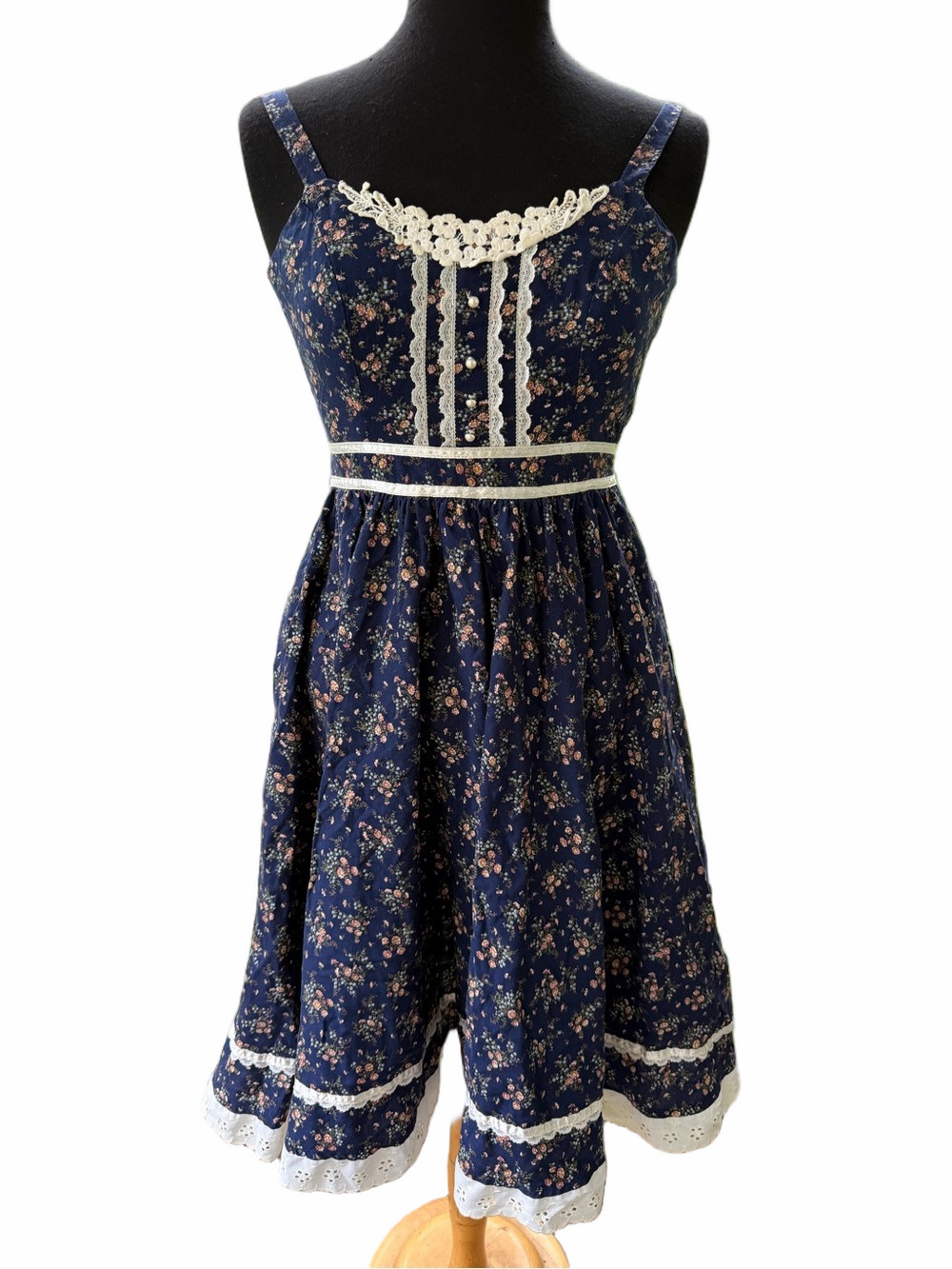 VTG 70s Gunne Sax Jessica McClintock Navy Blue Ditsy Floral Prairie Sundress